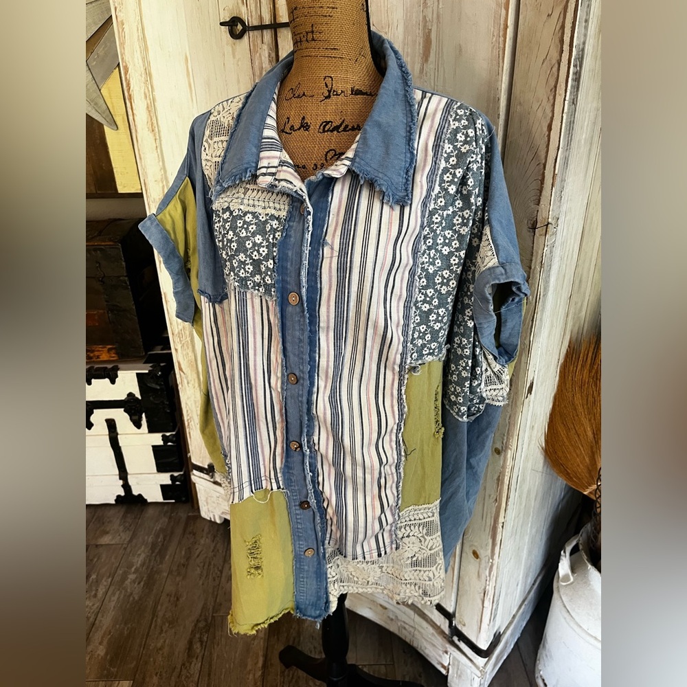 Oversized Blue Velvet Patchwork Button Down Shirt - image 4